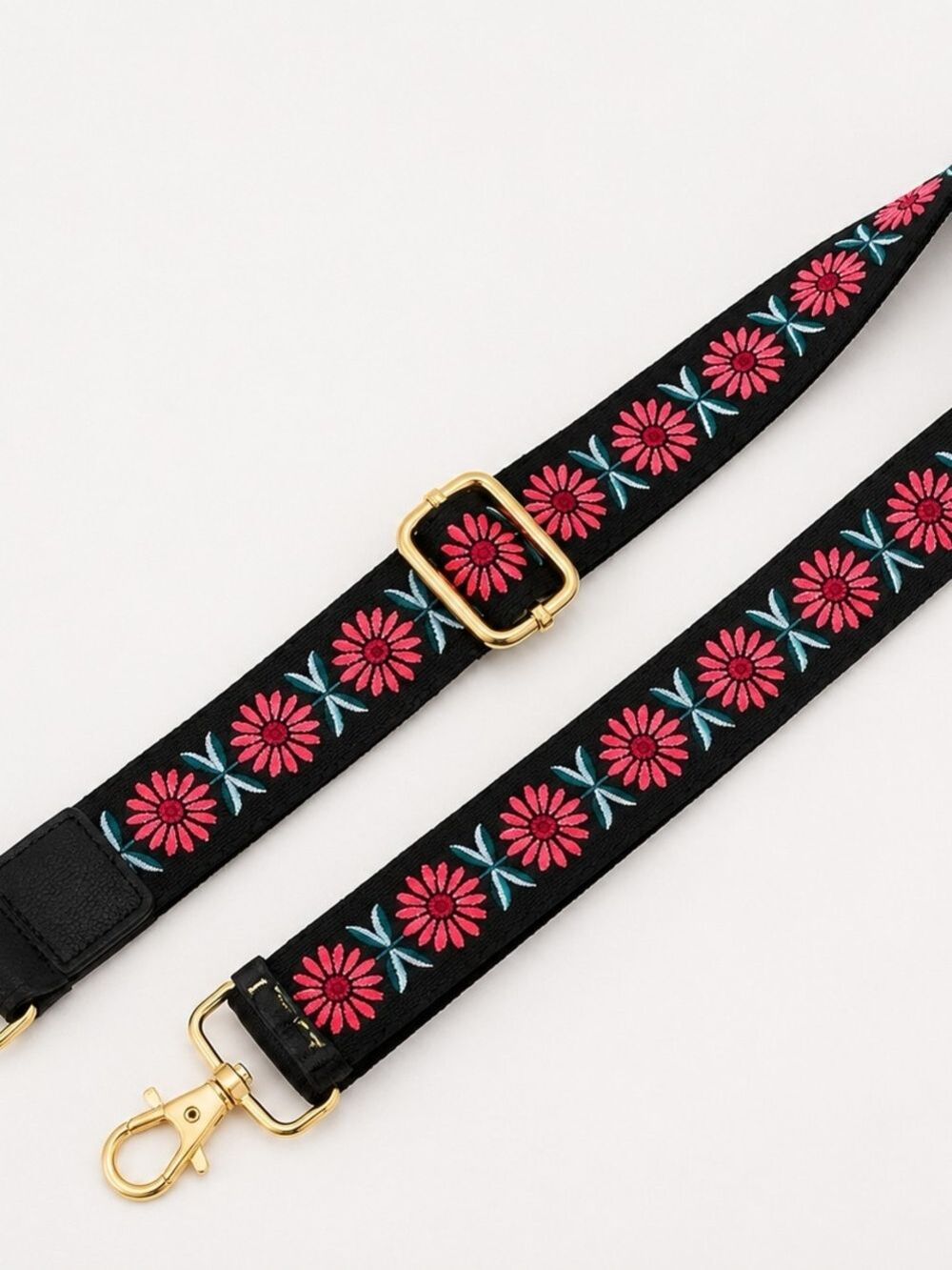 Adjustable Embroidered Floral Purse Strap – Black with Pink Daisy Design & Gold